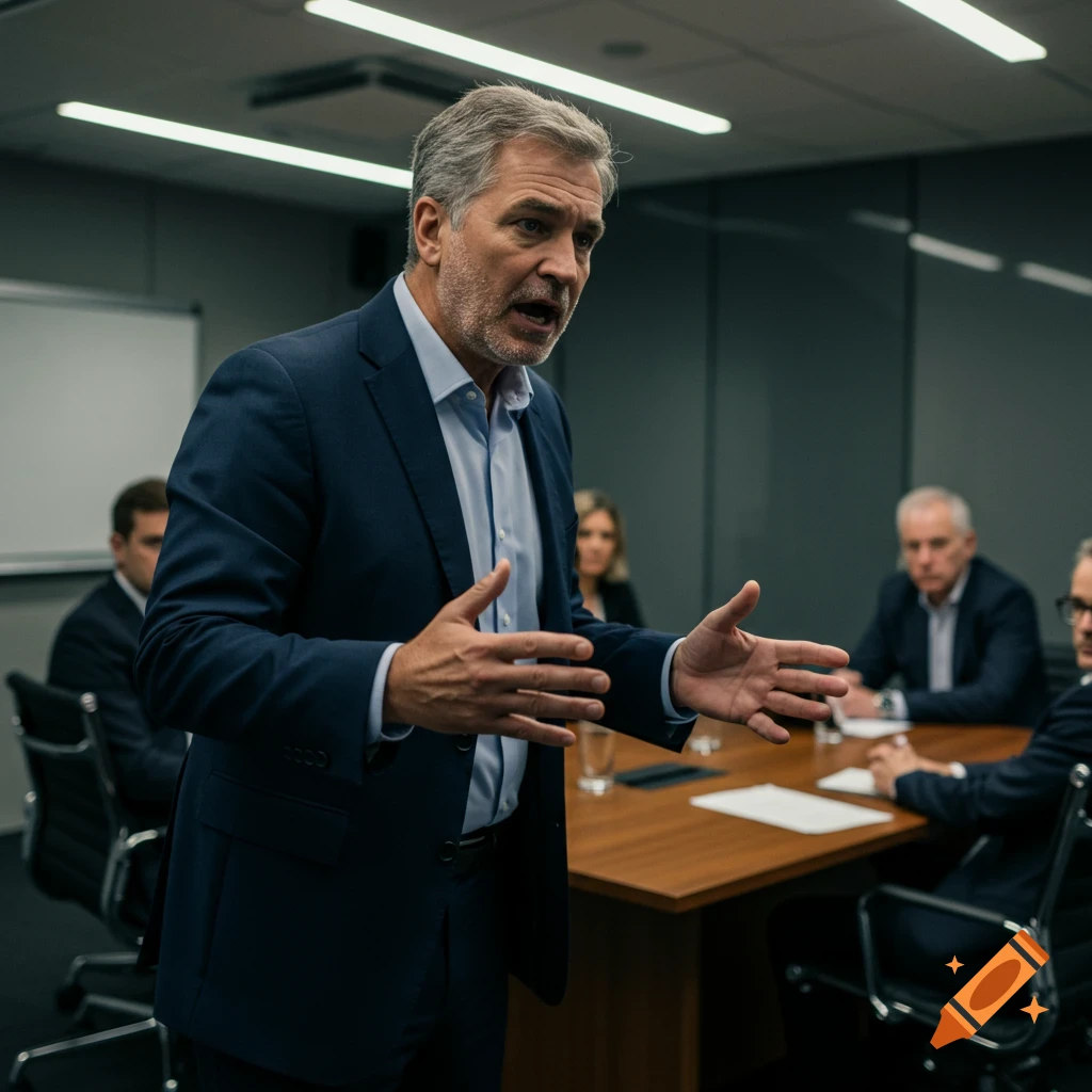 Middle-aged man speaking at a conference table with other people.