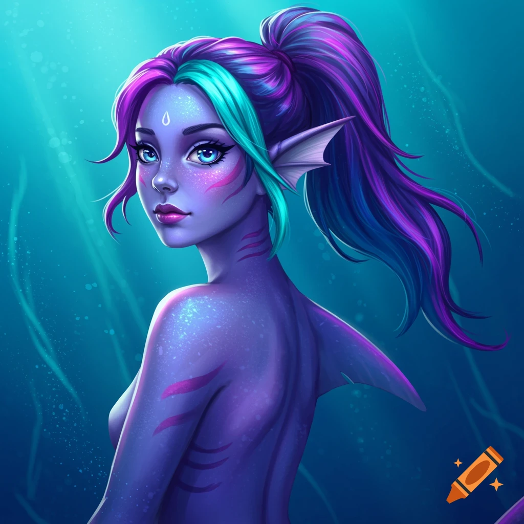 Purple-skinned shark-human hybrid underwater.