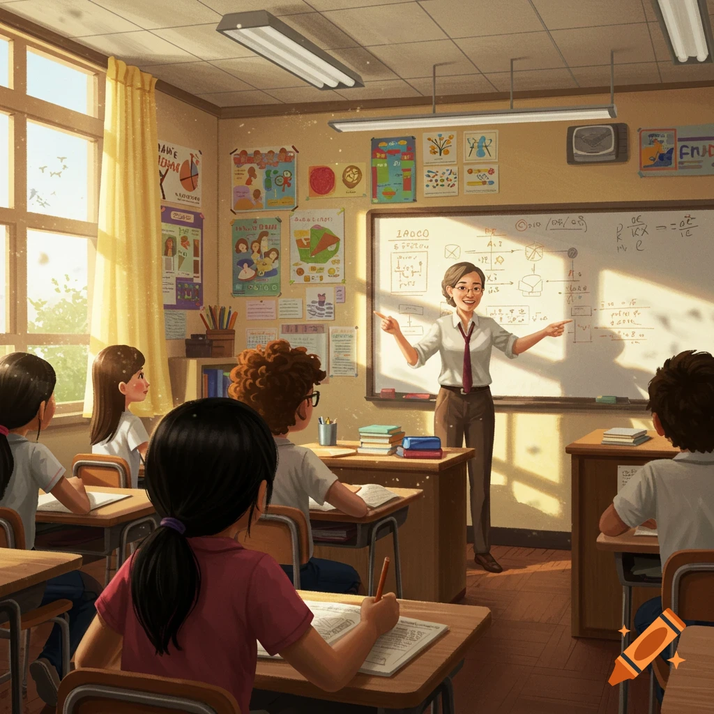 A teacher pointing at a whiteboard in a classroom with students.