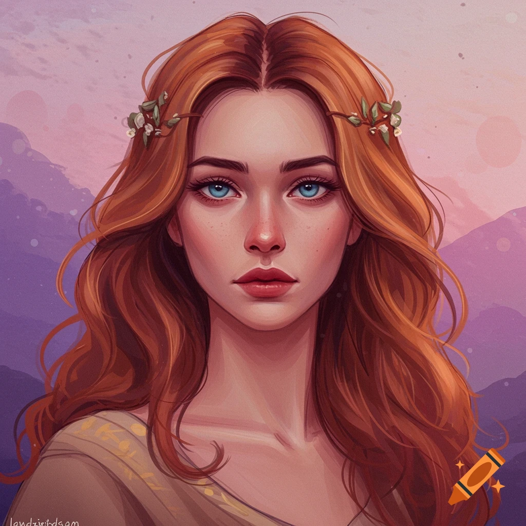 Portrait of a young woman with long auburn hair and blue eyes against a dreamlike mountain background.
