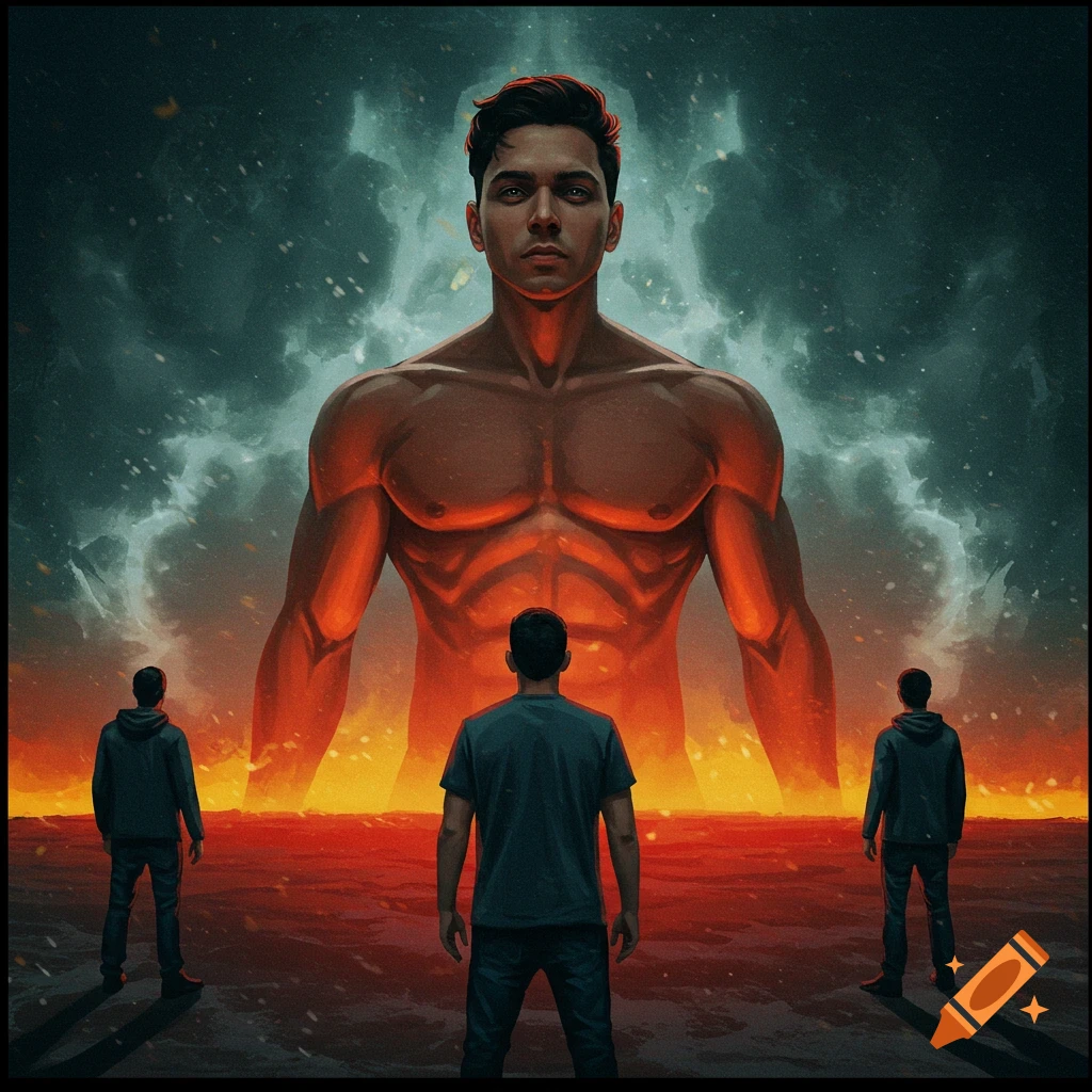 Three figures looking up at a massive, glowing humanoid figure in a stormy landscape.