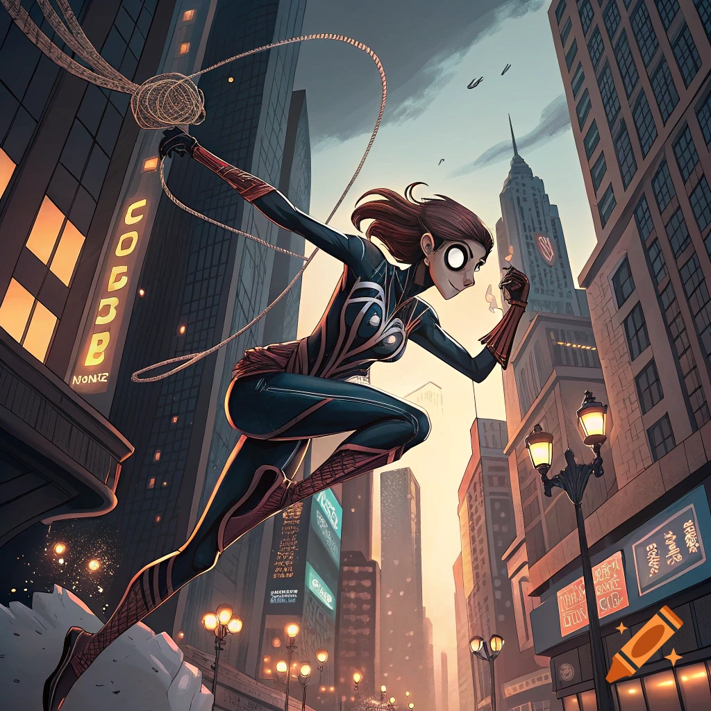 Illustrated young spider woman swinging through a city skyline at sunset.