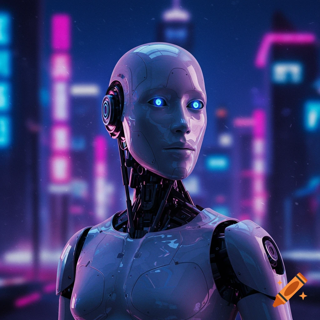 A robot standing against a futuristic city backdrop.