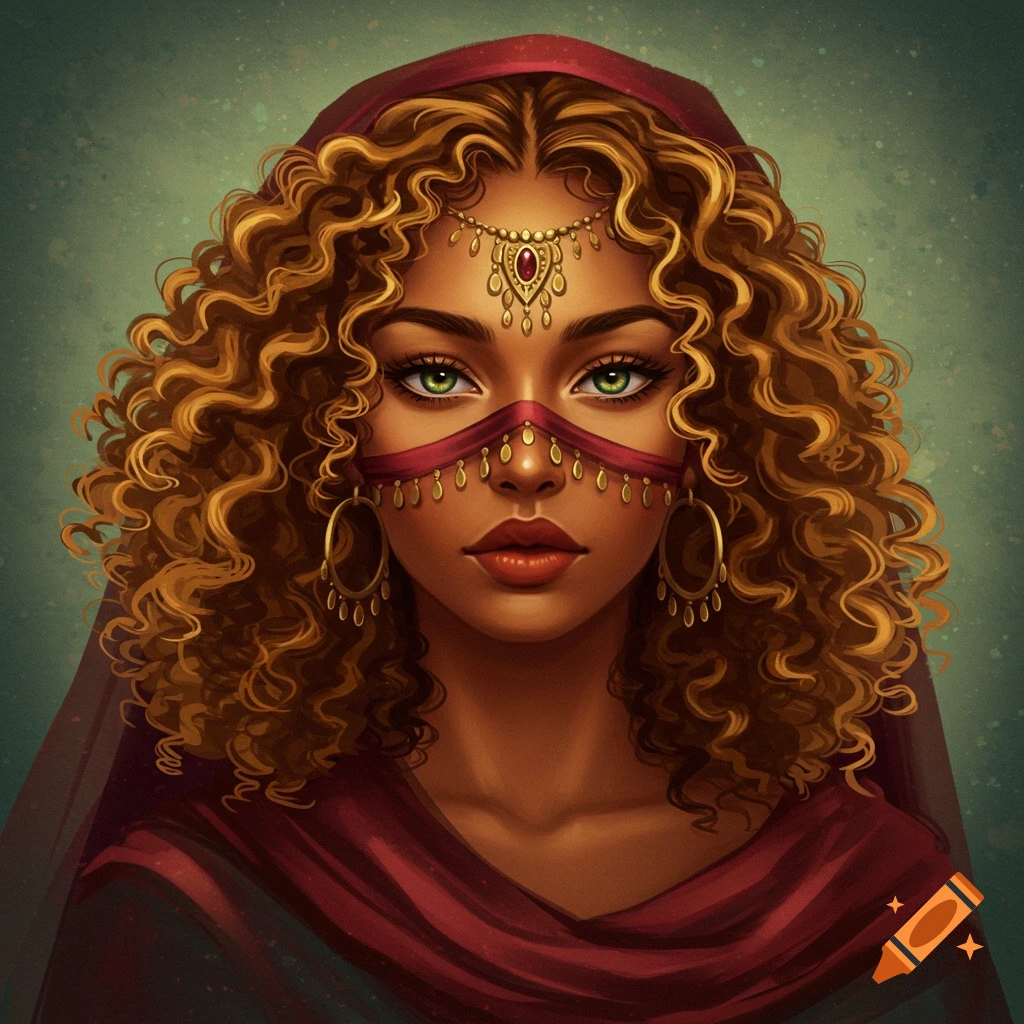 A fantasy woman in a red veil and gold jewelry.