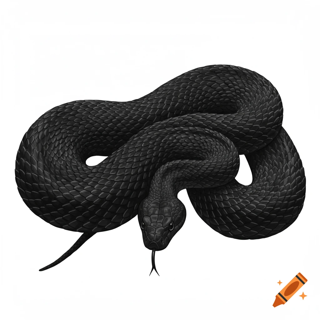 A black snake coiled on a white background.