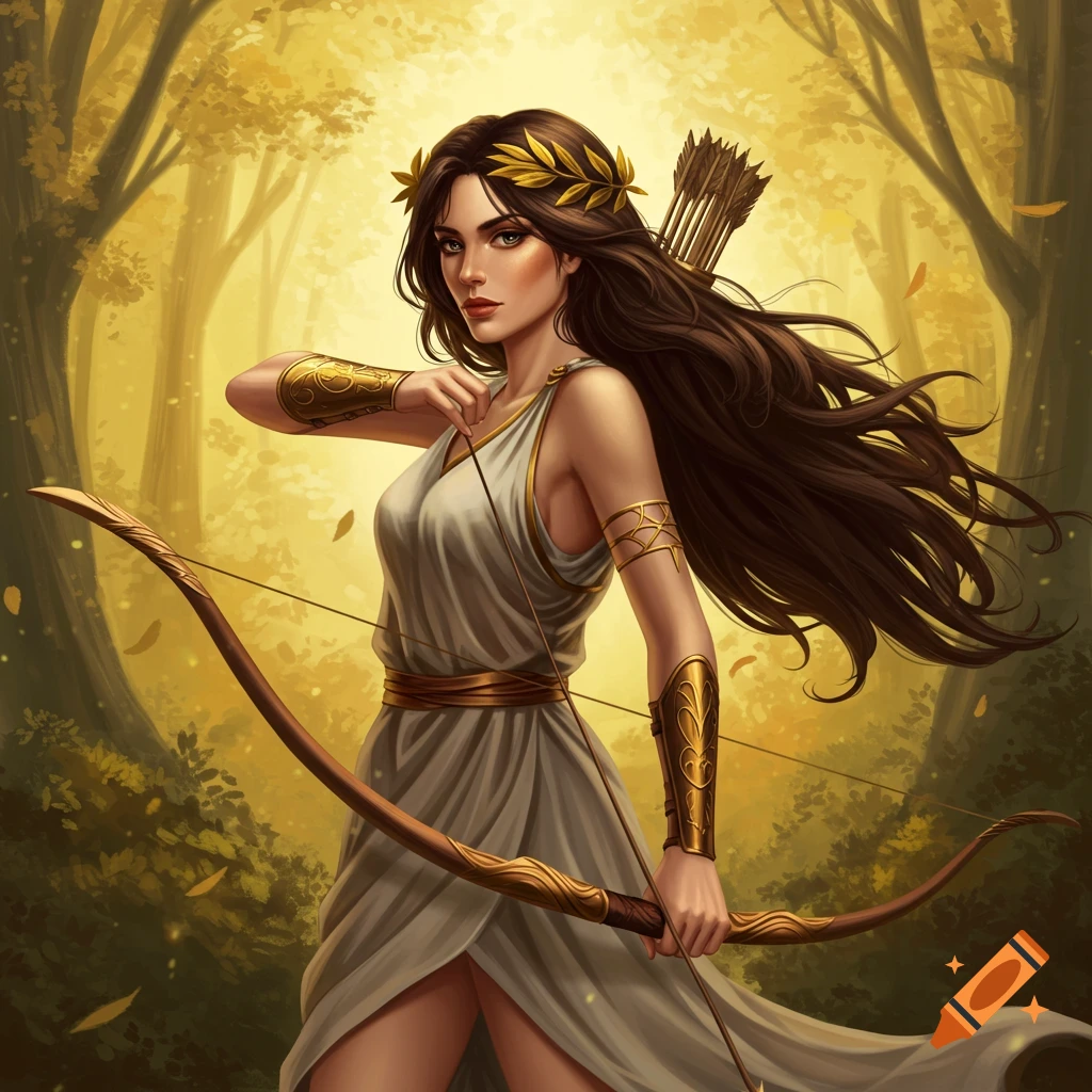 Artemis with a bow and arrows in a forest setting.