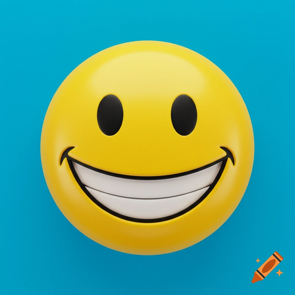 A yellow 3D smiley face with a wide grin is centered against a bright blue background.