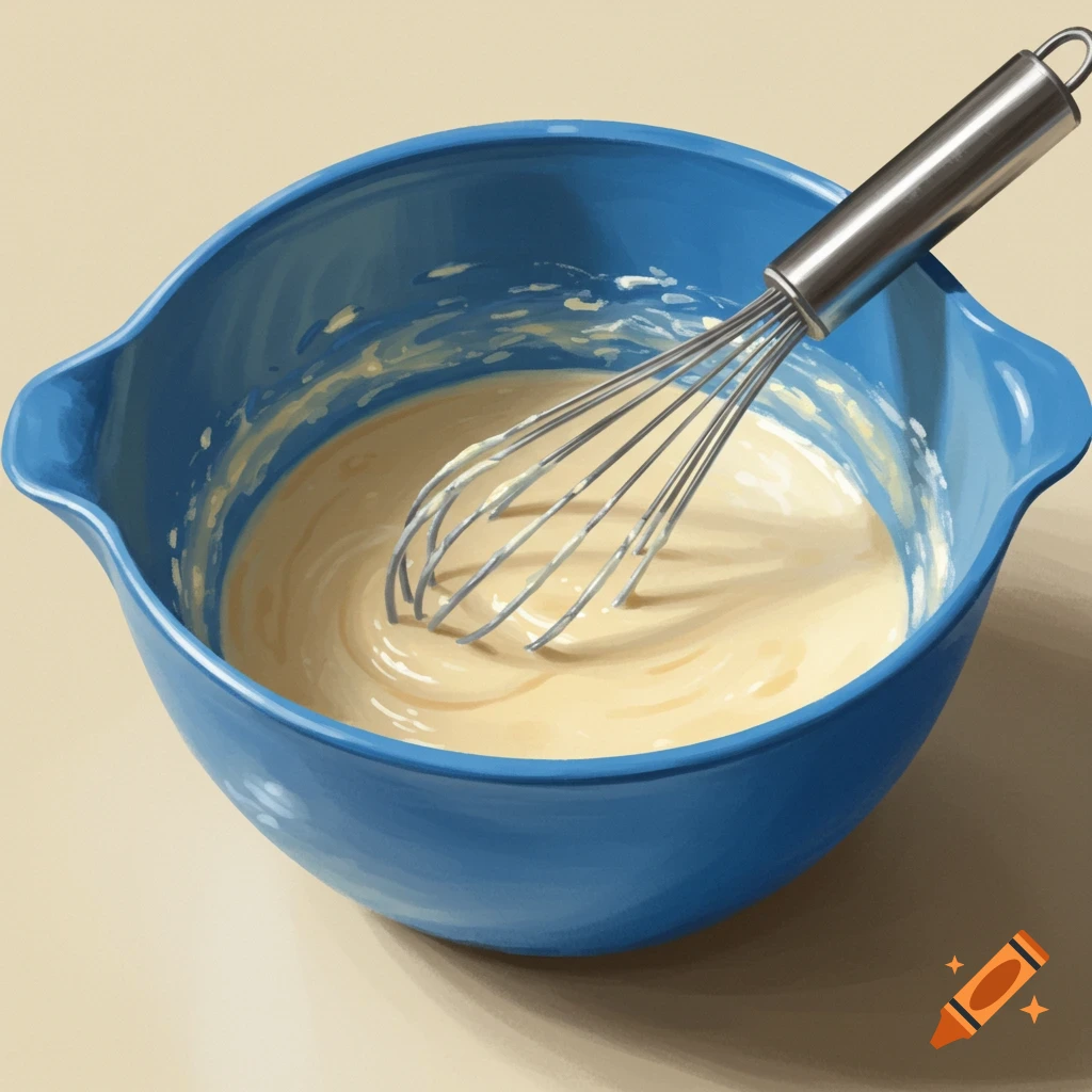 A whisk is mixing batter in a blue bowl.
