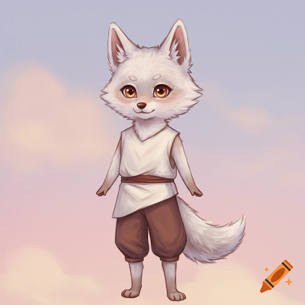 A cute white wolf person standing against a hazy sky.