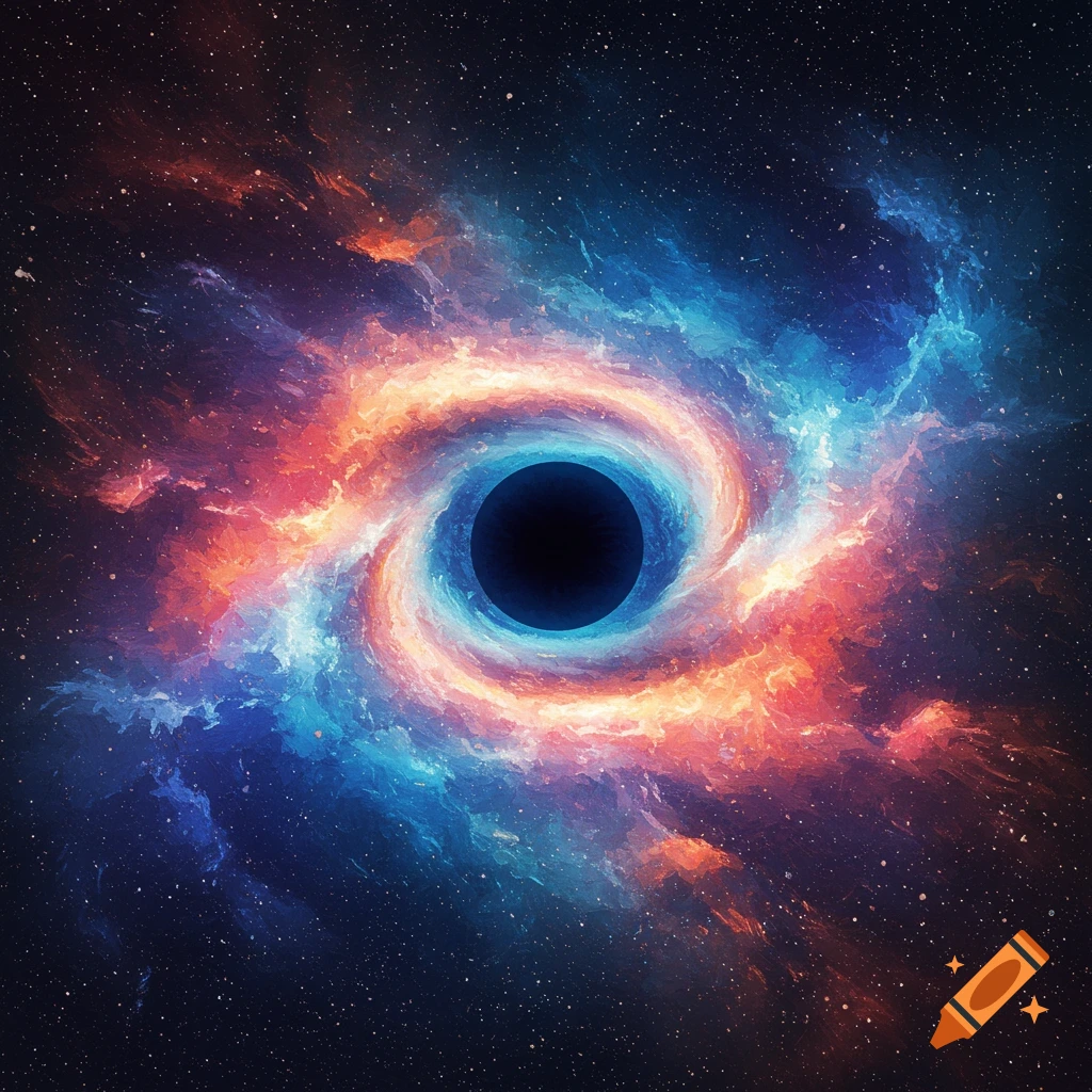 A swirling black hole or cosmic phenomenon surrounded by colorful nebula clouds and stars.