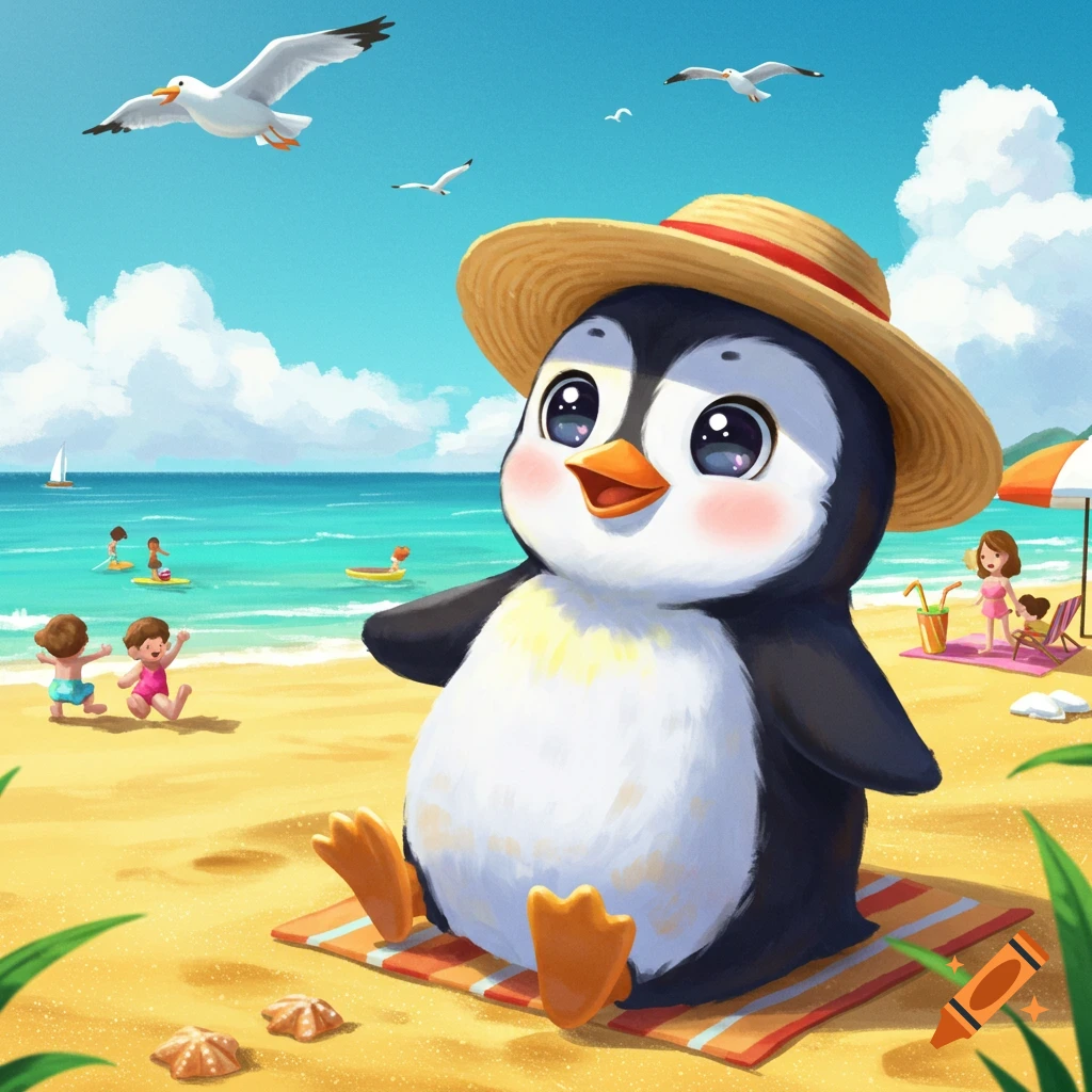 A cute penguin wearing a straw hat relaxes on a towel at a beach with other people and seagulls.
