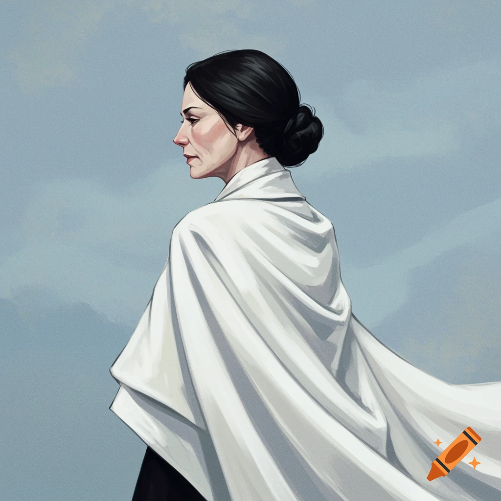 A woman in profile faces left, wearing a white cloak against a blue sky.