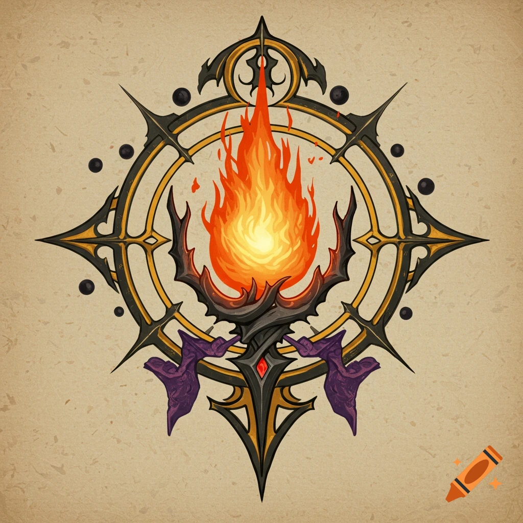 Stylized gothic fantasy sigil with an eternal flame at the center