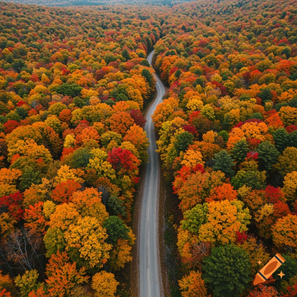 Aerial view of a winding road through a vibrant autumn forest.