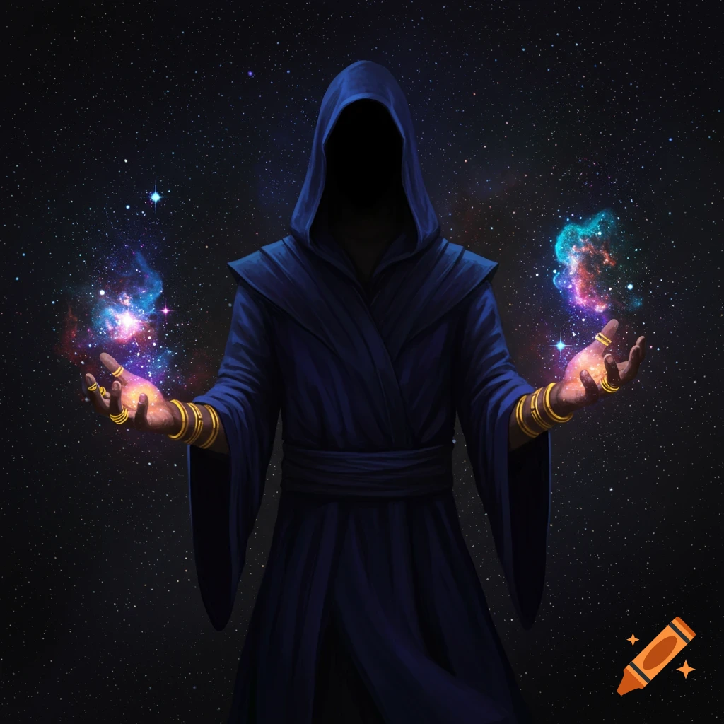 A hooded mage holding nebulas in space.
