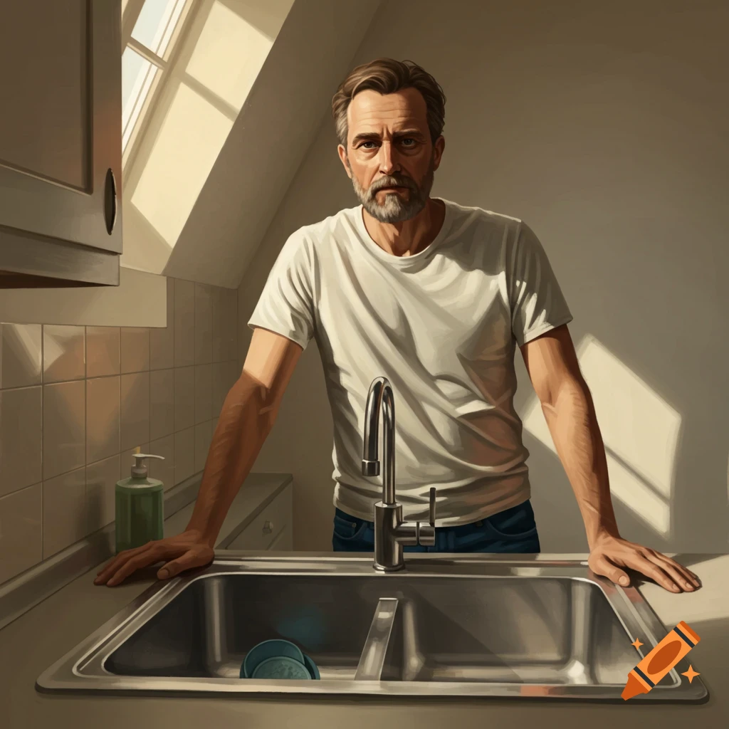 a man standing at a kitchen sink.