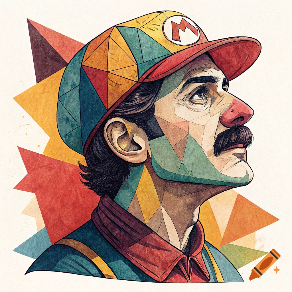 Cubist portrait of Mario looking up