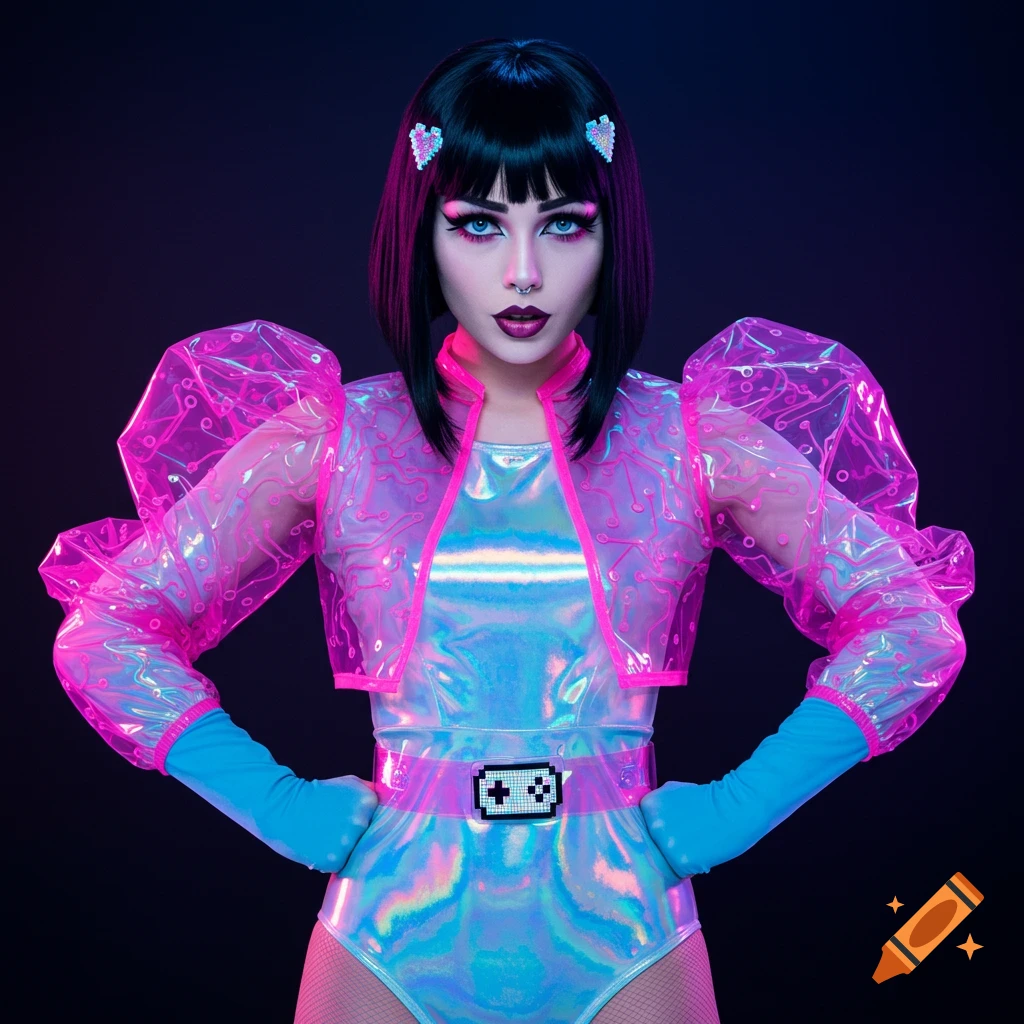 Portrait of a woman in a pink translucent jacket, iridescent leotard, and blue gloves, with a pixelated game controller buckle.