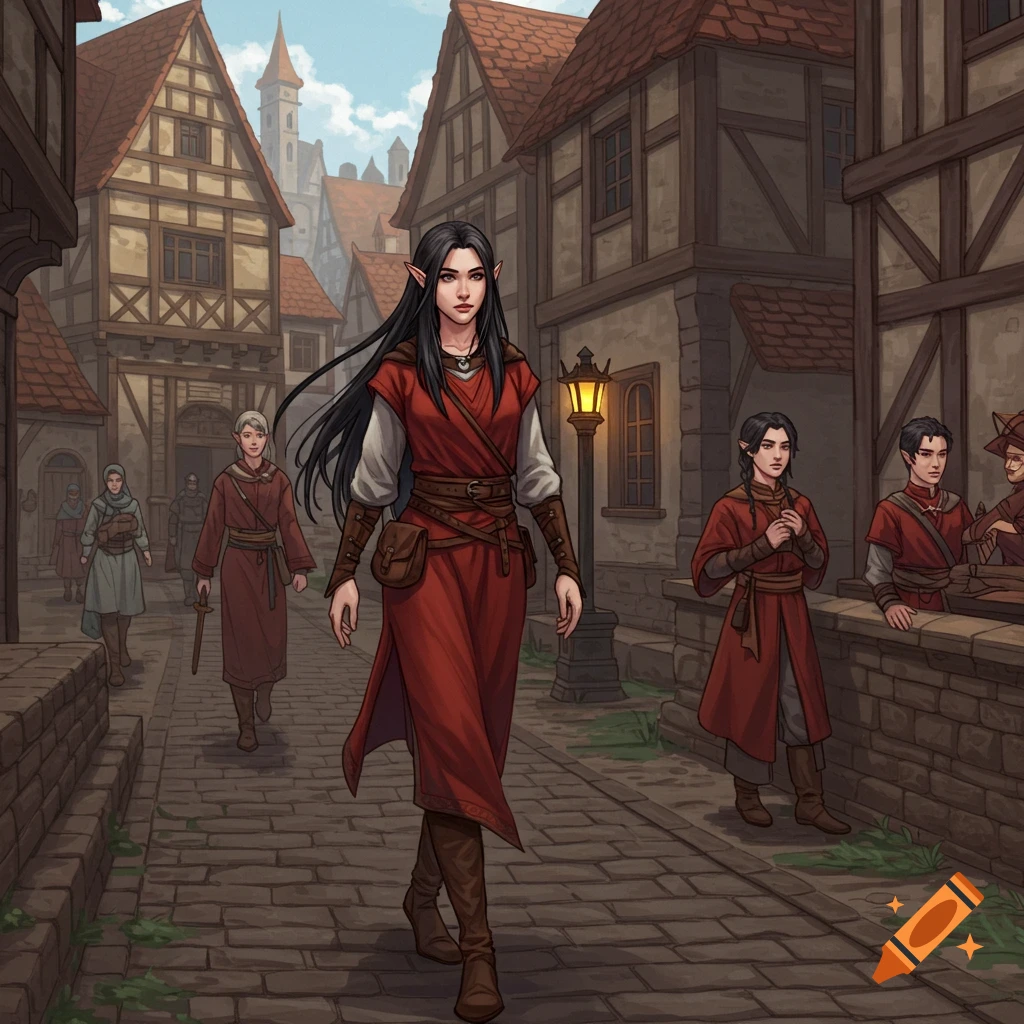 A female elf walks down a cobblestone street in a medieval village, in an RPG illustration style.