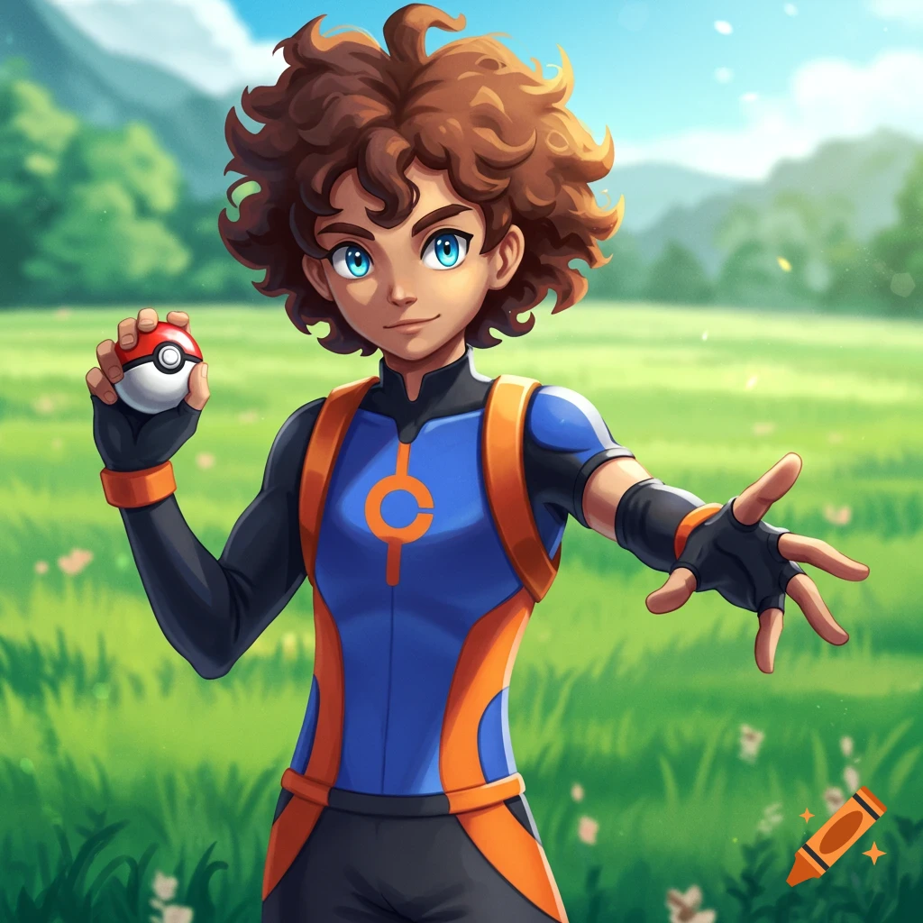 Anime style of a pokemon trainer holding a Pokeball in a grassy field.