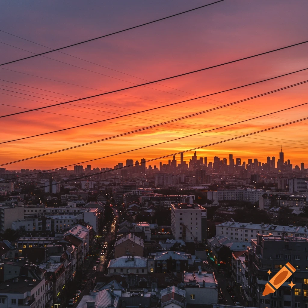 City skyline silhouetted against an orange and purple sunset, with powerlines in the foreground.