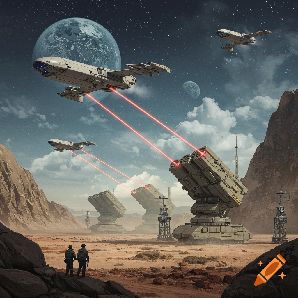Futuristic spacecraft attacking ground defenses on a rocky alien planet.