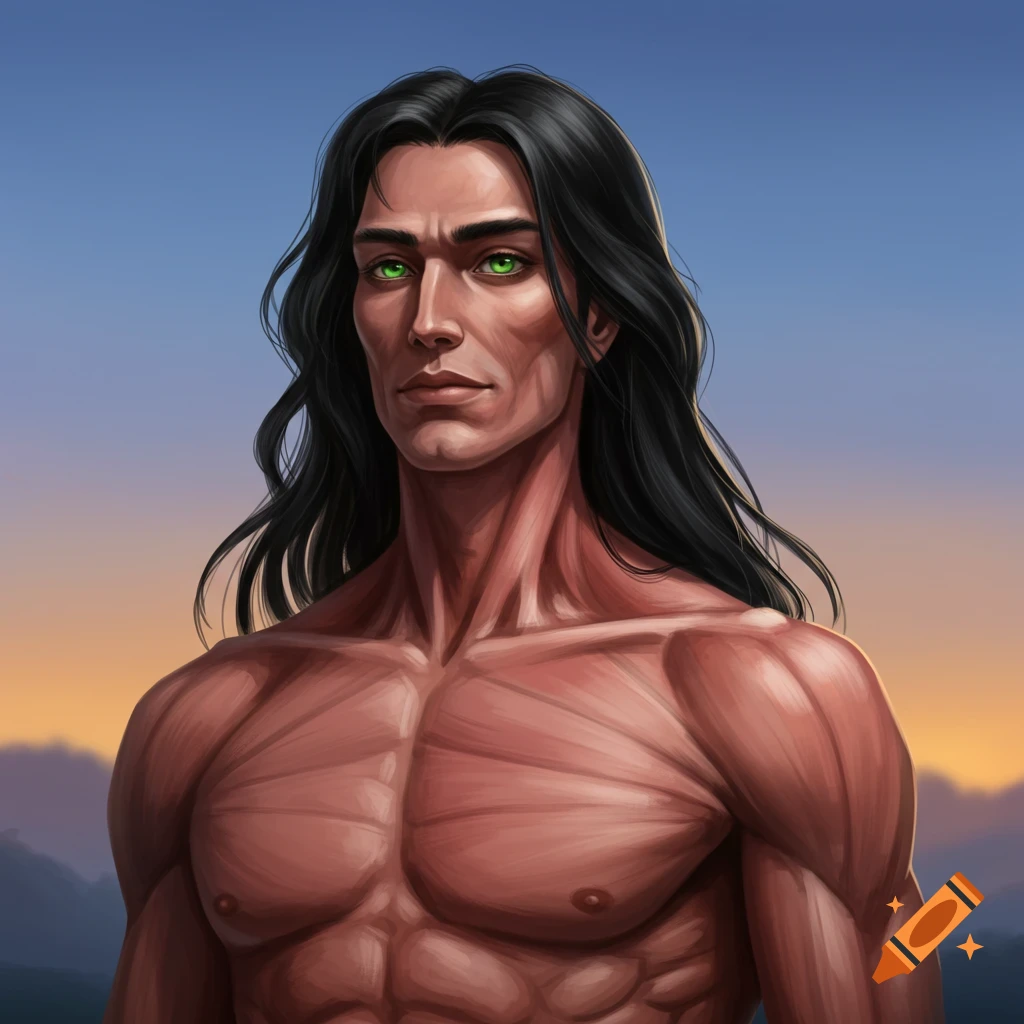 A muscular man with long black hair and green eyes
