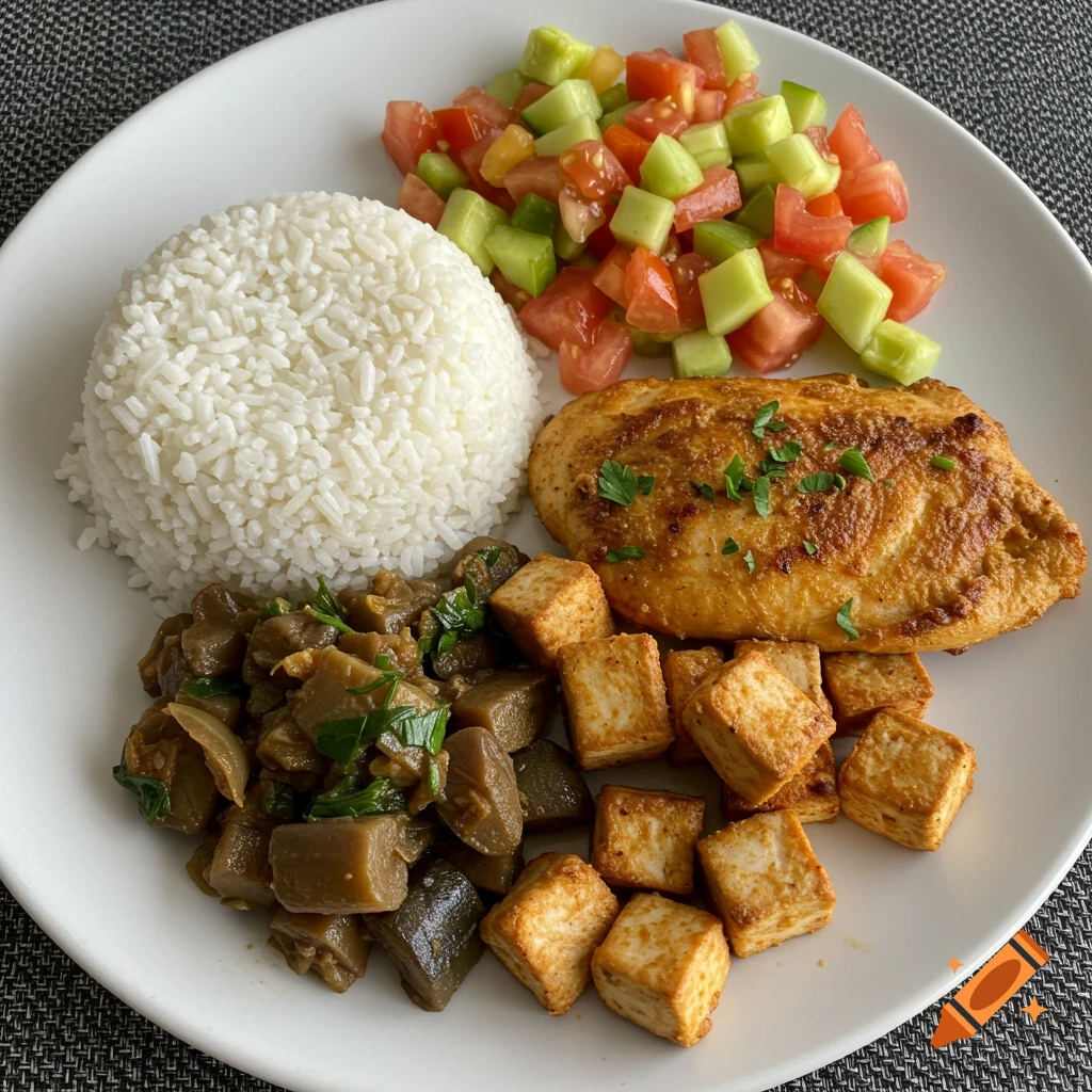 A plate of food with rice, grilled chicken breast, cucumber and tomato salad, cooked eggplant, and fried tofu cubes.