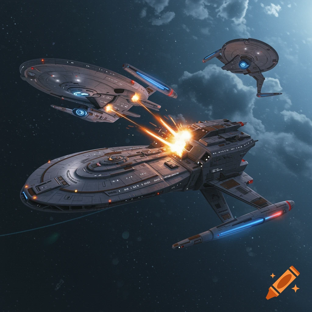 Two smaller spaceships attack a larger spaceship in a dramatic Star Trek style space battle