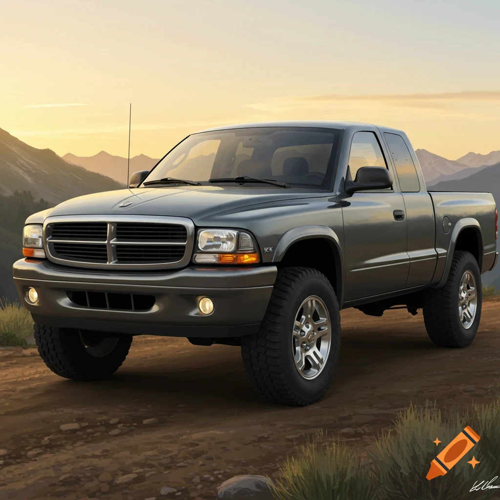 A gray Dodge Dakota truck is on a dirt road at sunset.