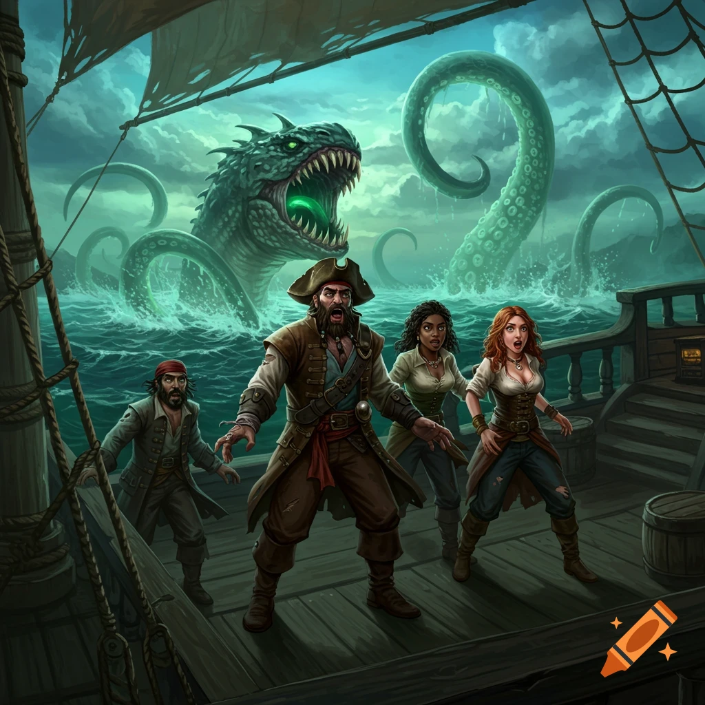 A pirate crew on a ship looks scared as a giant sea monster rises from the waves.