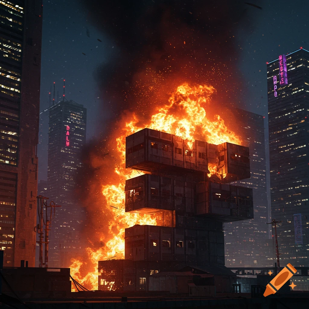 A futuristic brutalist building on fire in a dark city.
