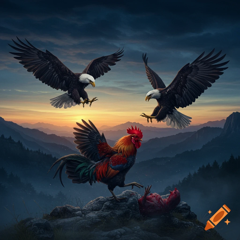 A rooster fights two eagles on a rock at sunset over mountains.