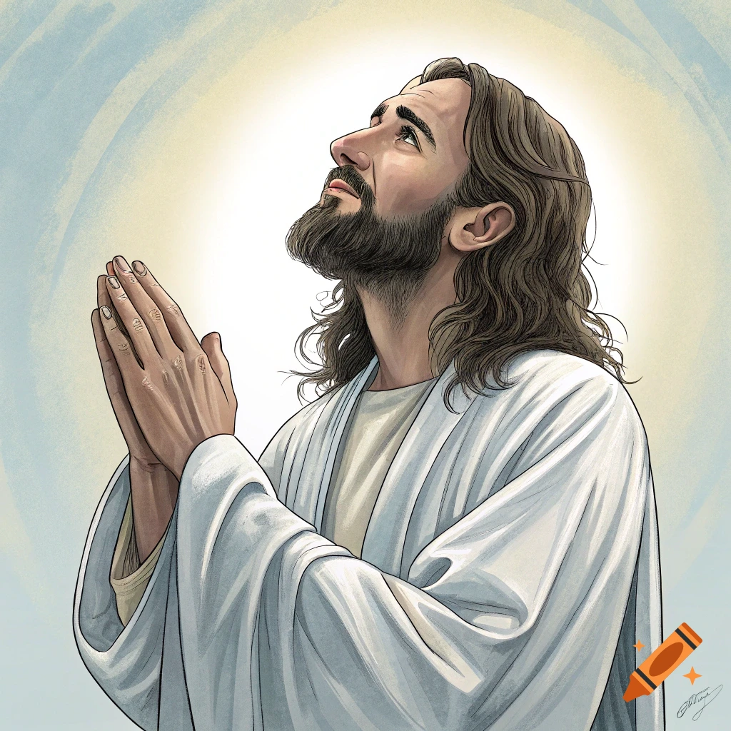 Illustration of Jesus praying, looking up to the sky