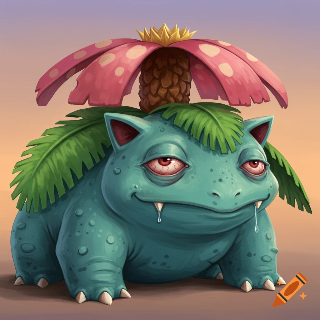 A stoner-like creature resembling Venusaur with bloodshot eyes and drool.