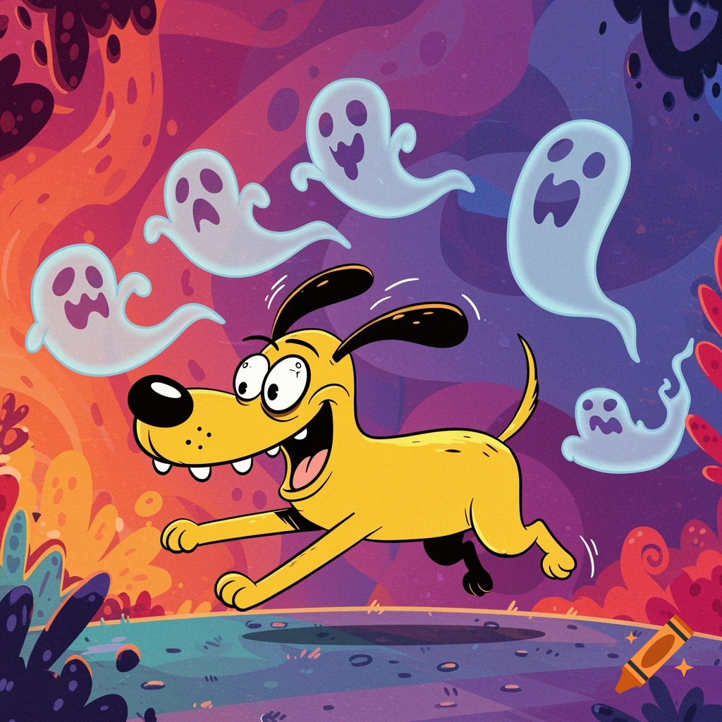 A silly cartoon dog chases translucent ghosts in a vibrant, whimsical style.