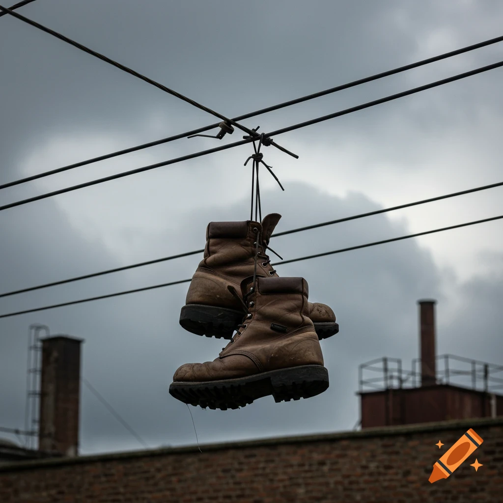Brown work boots hang suspended from electrical wires against a cloudy sky.