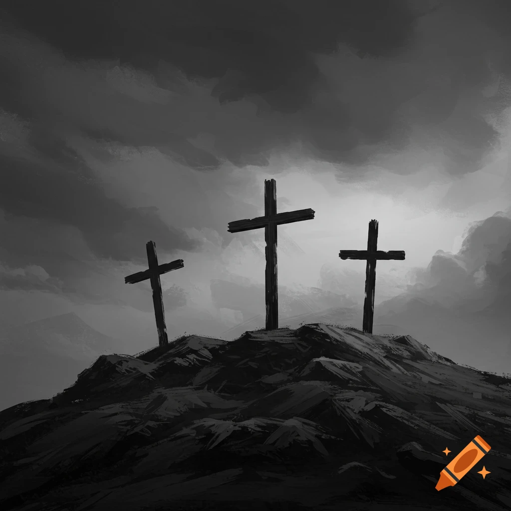 Three crosses on a dark hill under cloudy sky.