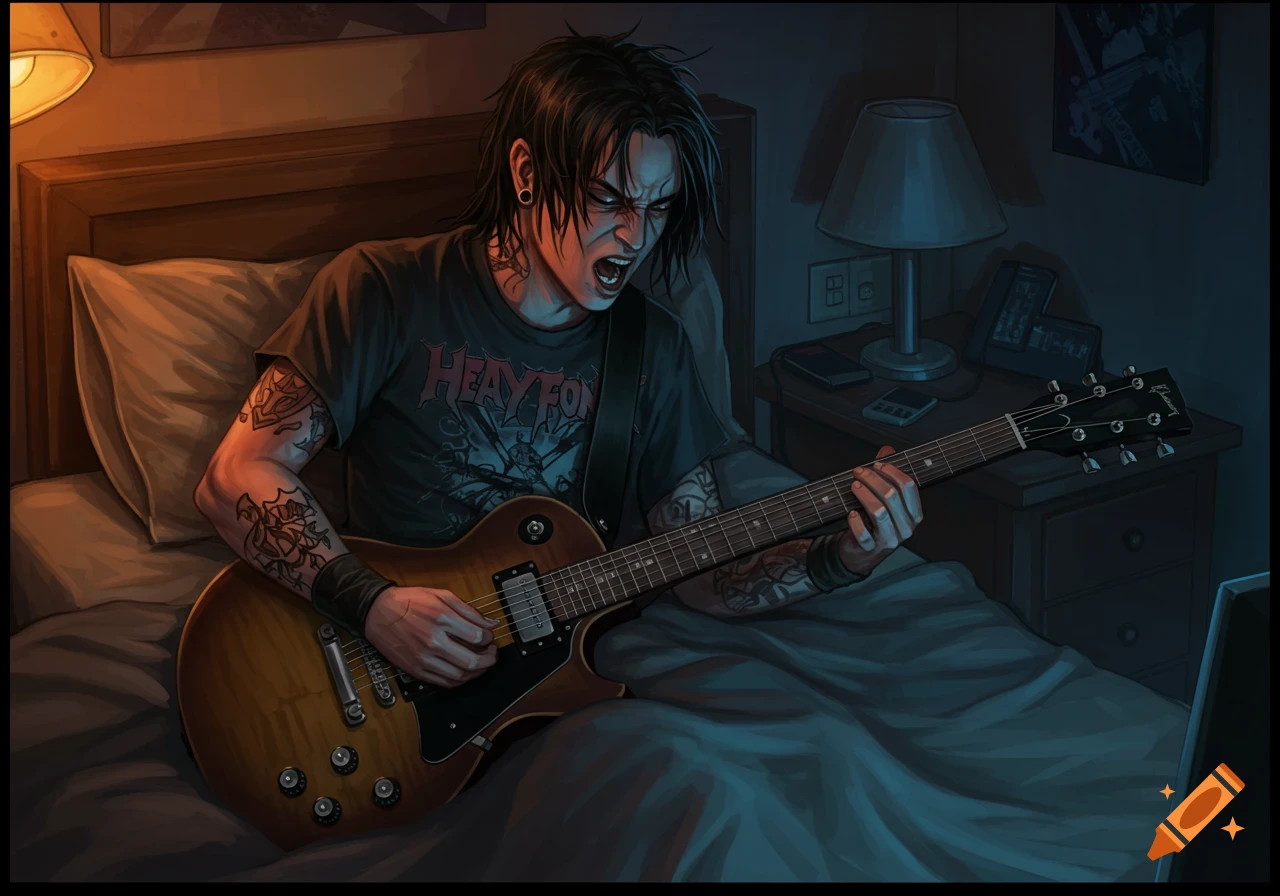 A heavy metal guitarist playing a guitar in bed.