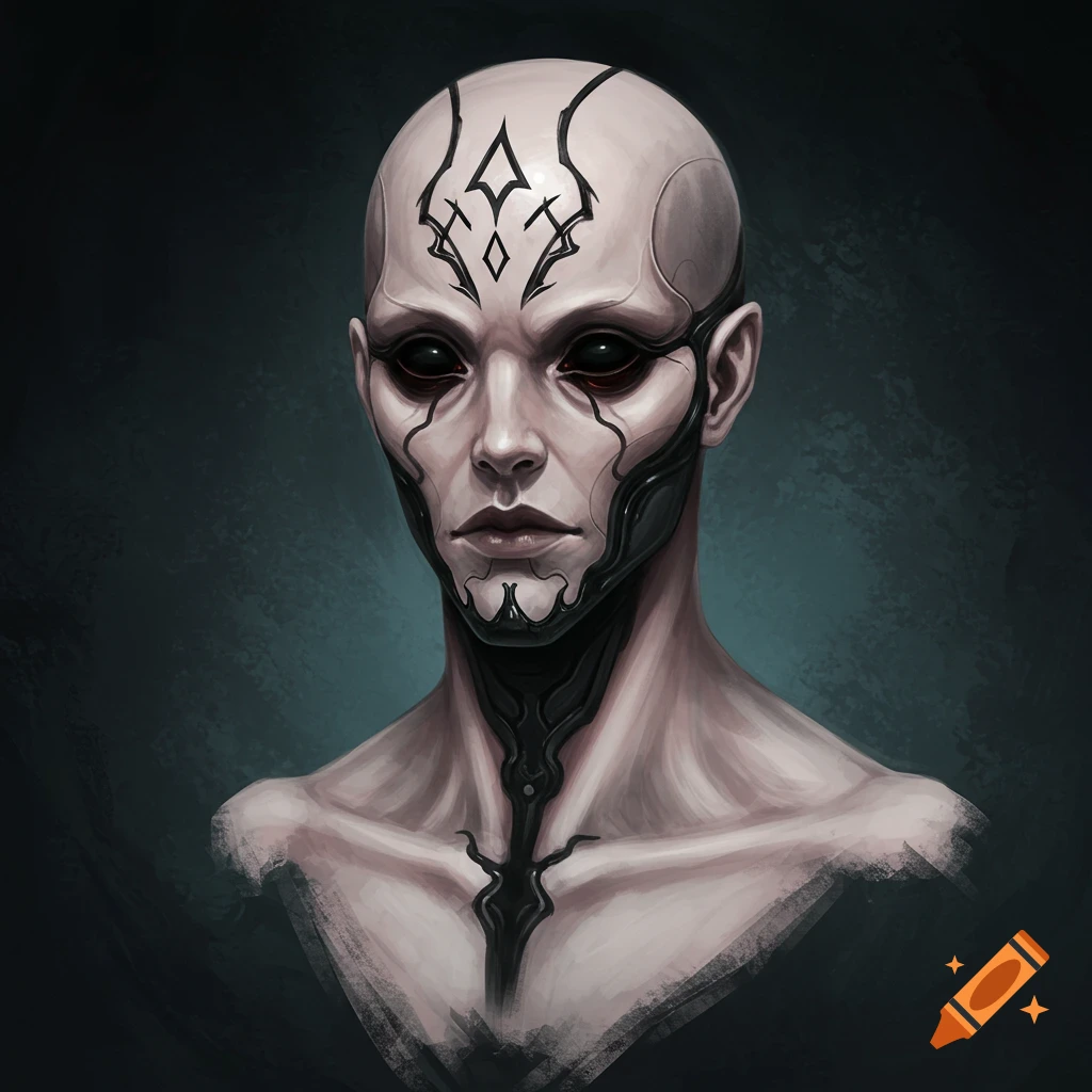 A pale figure with black eyes and dark markings on the head, face, and neck.