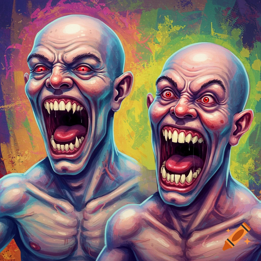 Two bald monsters with wide screaming mouths and sharp teeth against a colorful background.