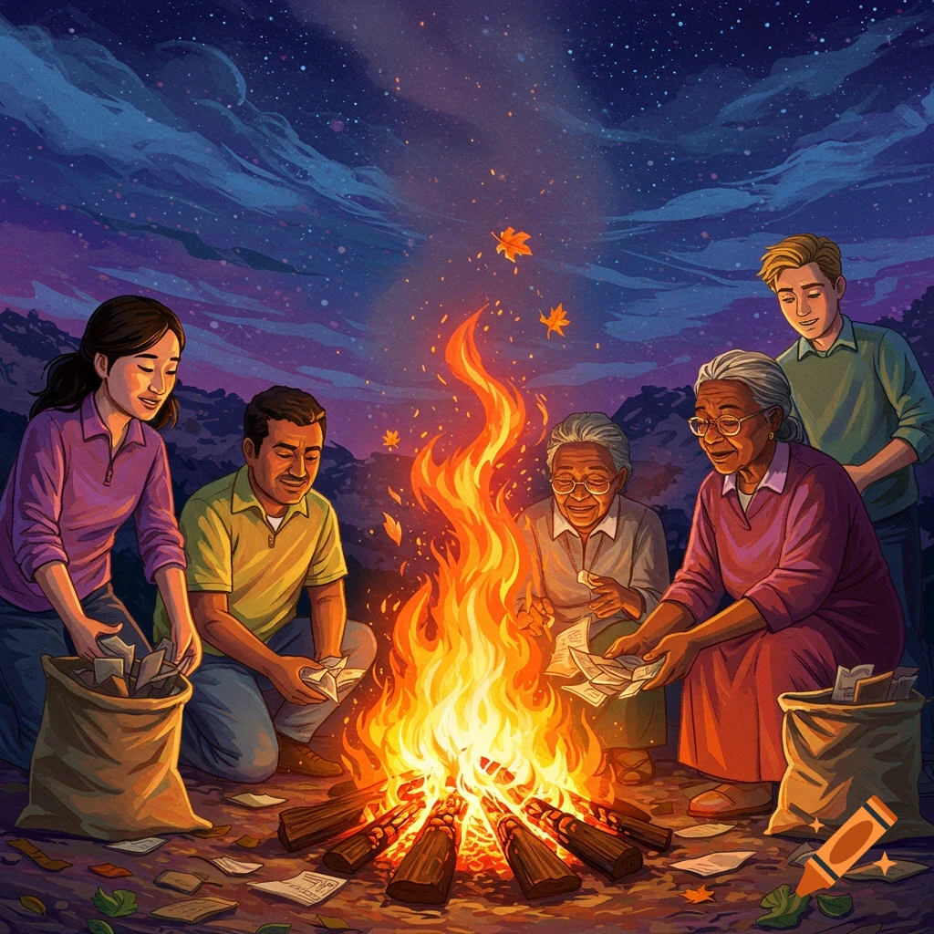 An illustration of a family group sitting around a campfire at night, burning papers.