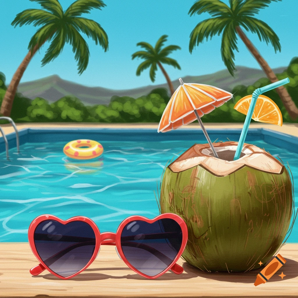 Heart sunglasses and a coconut drink by a pool with palm trees.