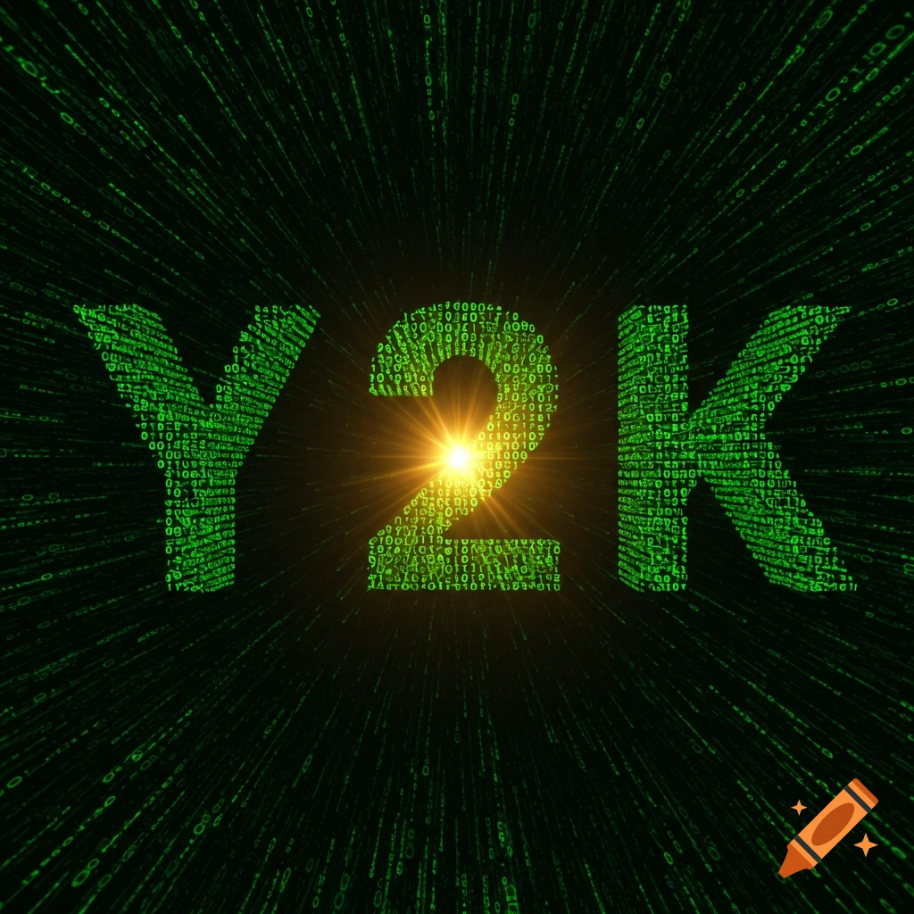 The letters Y2K formed from green binary code, with a bright light behind the 2, against a dark digital background.