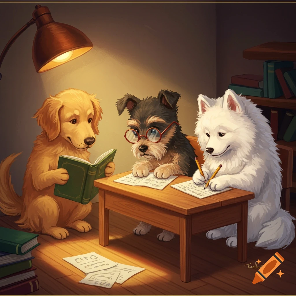 Three dogs studying at a desk in a room with a lamp and bookshelf.