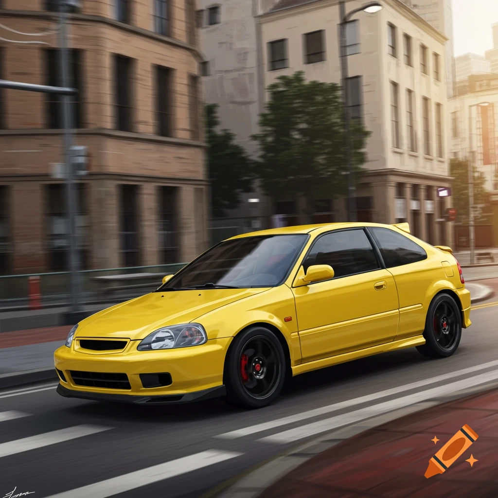 A yellow Honda Civic hatchback drives down a city street with motion blur.