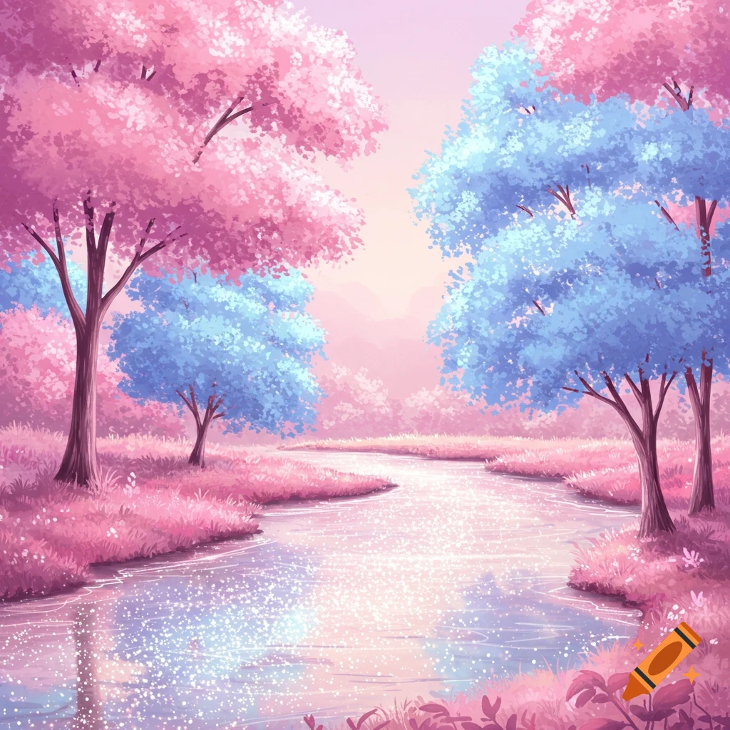Landscape with pink and blue trees and a sparkling river.