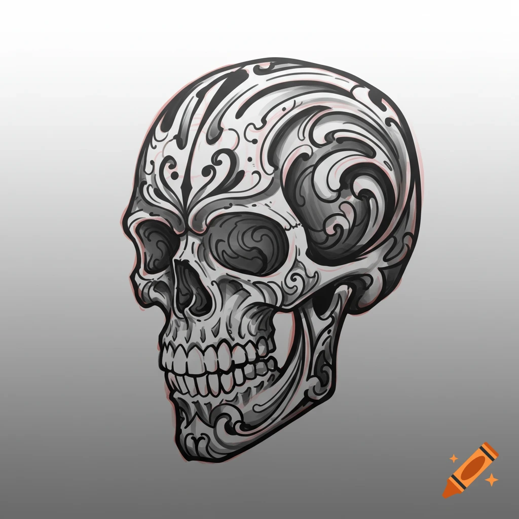 A skull with decorative swirl patterns, styled like a tattoo outline.