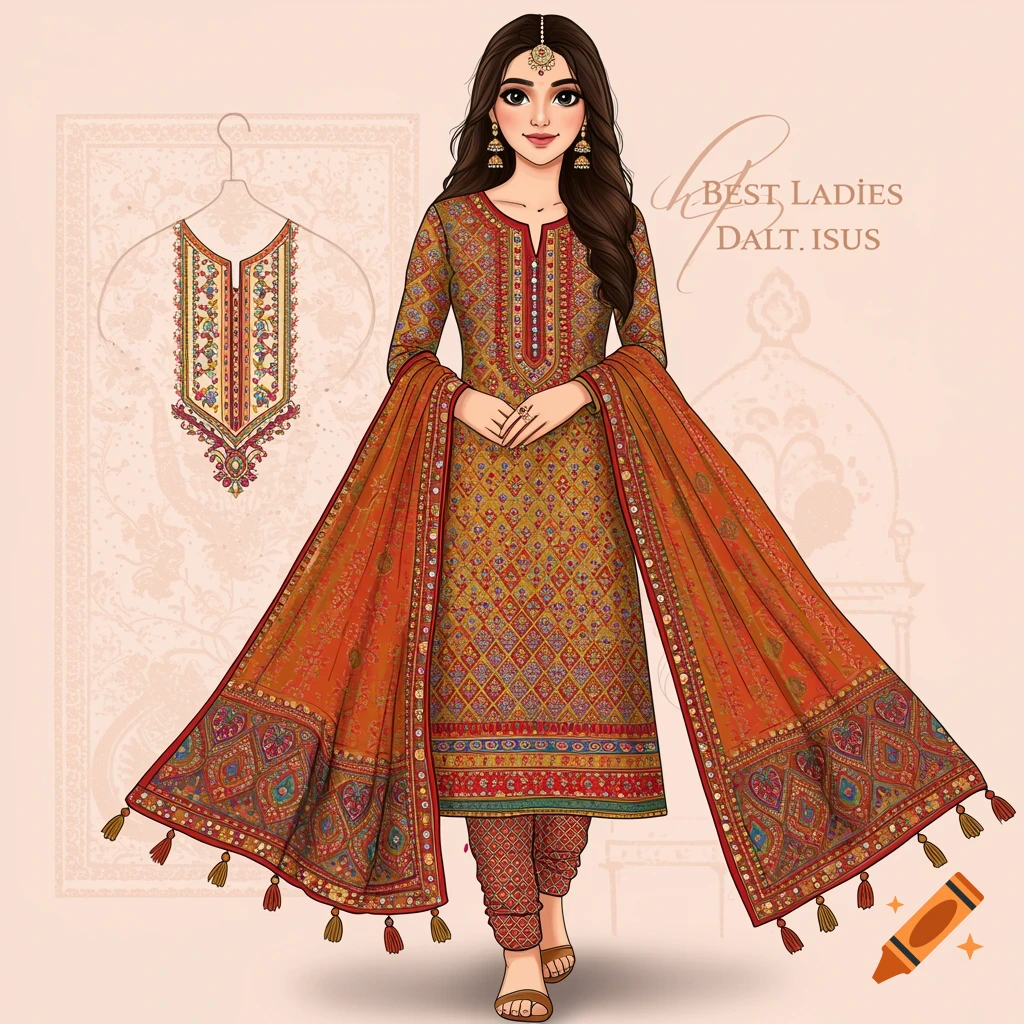 Digital illustration of a woman wearing a colorful, intricately designed salwar kameez with a matching dupatta.