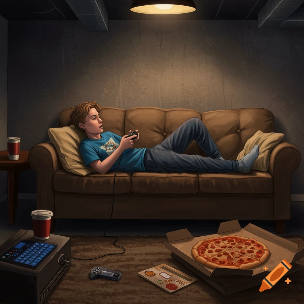 A teenager playing video games on a couch in a basement with pizza.